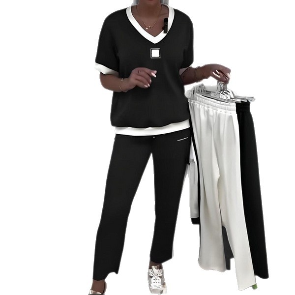 Fashion Womens V Neck Short Sleeve Top and Color Block Long Pants Sports Set Autumn Collection Wholesale Available