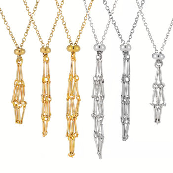Natural Crystal Raw Stone Mesh Pocket Metal Bamboo Necklace Braided Cage Pendant Adjustable Chain Mesh Pocket Pendant