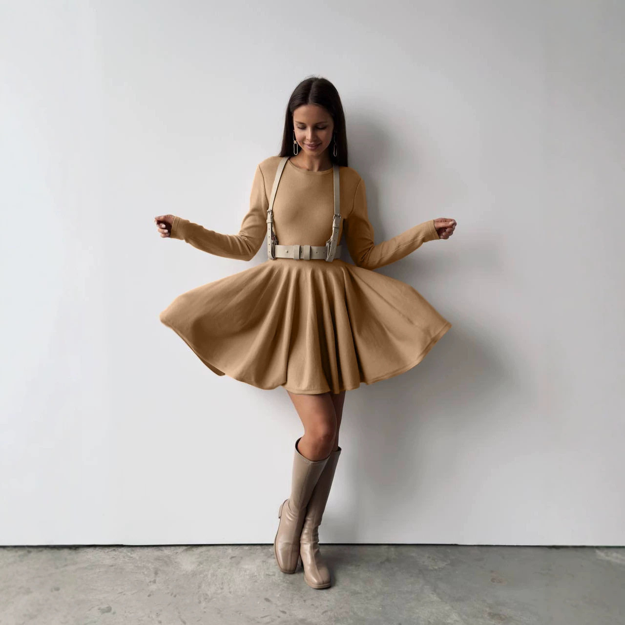 Knit Dress Round Neck Waist Defined Pleated Design Casual Chic for Everyday Wear Wholesale Available