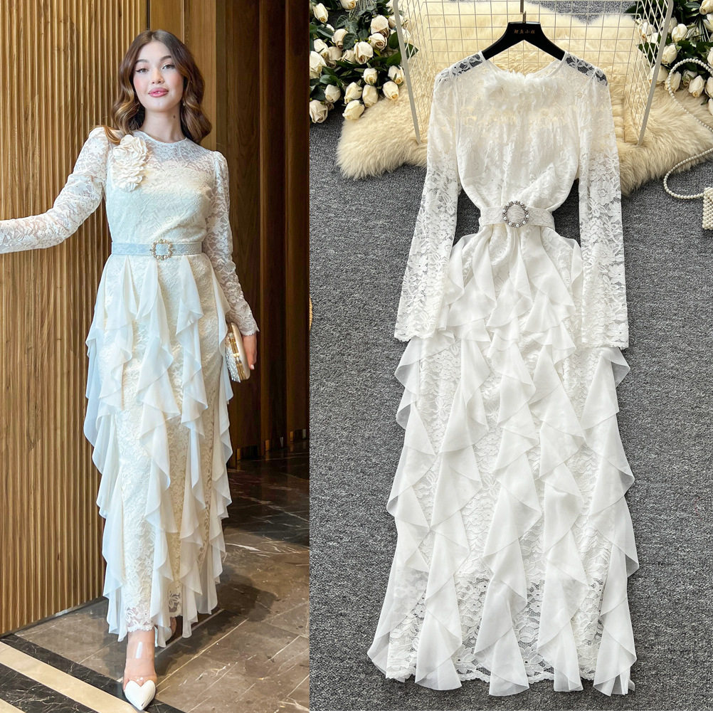 Elegant Long Sleeve Lace Dress with 3D Floral Design and Ruffle Trim Chic and Luxurious Evening Gown for Special Occasions