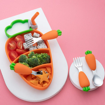New children's tableware set 304 stainless steel tableware Creative carrot silicone plate baby three-piece tableware