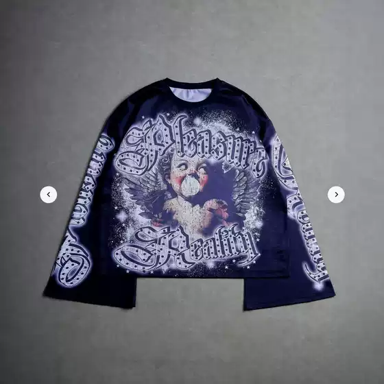 Retro Angel Cupid All-Over Print Women's Round Neck Sweatshirt with Gothic Style Lettering, Flared Long Sleeves, Pullover Top for Trendy Girls