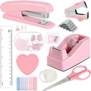 Amazon Cross-border Pink Desktop Office Stationery suit Stapler Tape Seat Scissors Nail Maker in stock