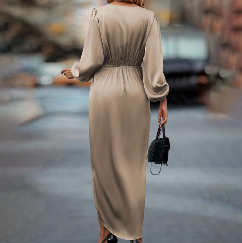Spring Womens Dress Solid Color V Neck Long Sleeve Waist Defined Asymmetrical Hem Casual Wear OEM Available
