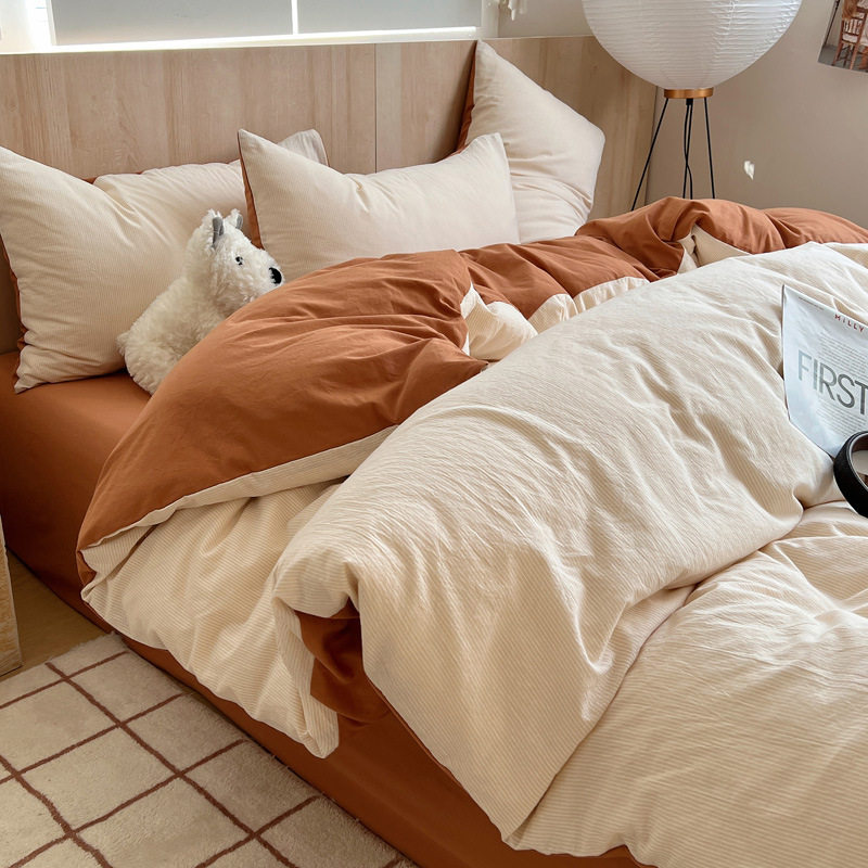 Yarn-dyed Wash Cotton Cotton Four-piece Set Japanese-style Solid Color Quilt Cover Nantong Bed Three-piece Set Pure Cotton Bed Sheet Quilt Cover 4