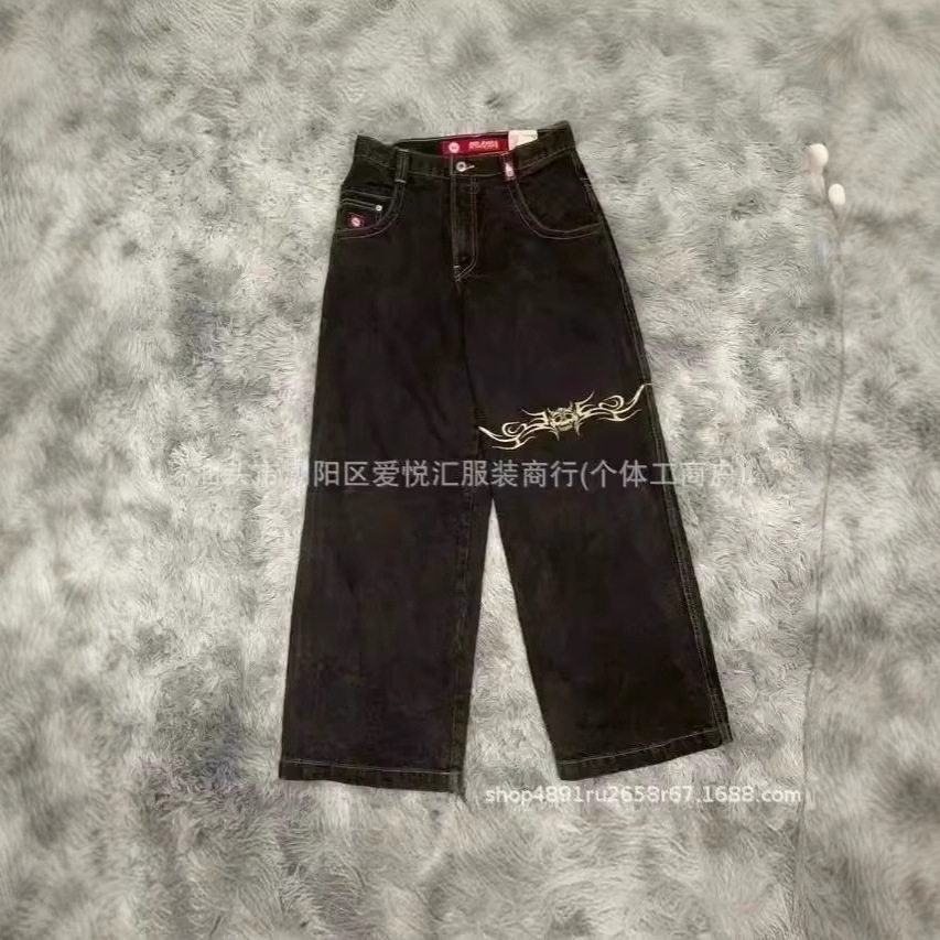 2024春秋季新款跨境美式潮牌复古水洗Y2K刺绣嘻哈图案男式牛仔裤