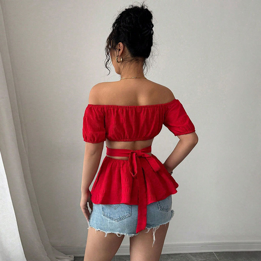 Off Shoulder Crop Top Hollow Out Design Sexy Style Summer Wear Wholesale Womens Fashion Apparel