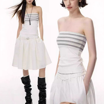 [Vibrant Focus Paragraph]Striped Strapless Short Skirt Set Autumn New Slim Fit Two-Piece Set for Women