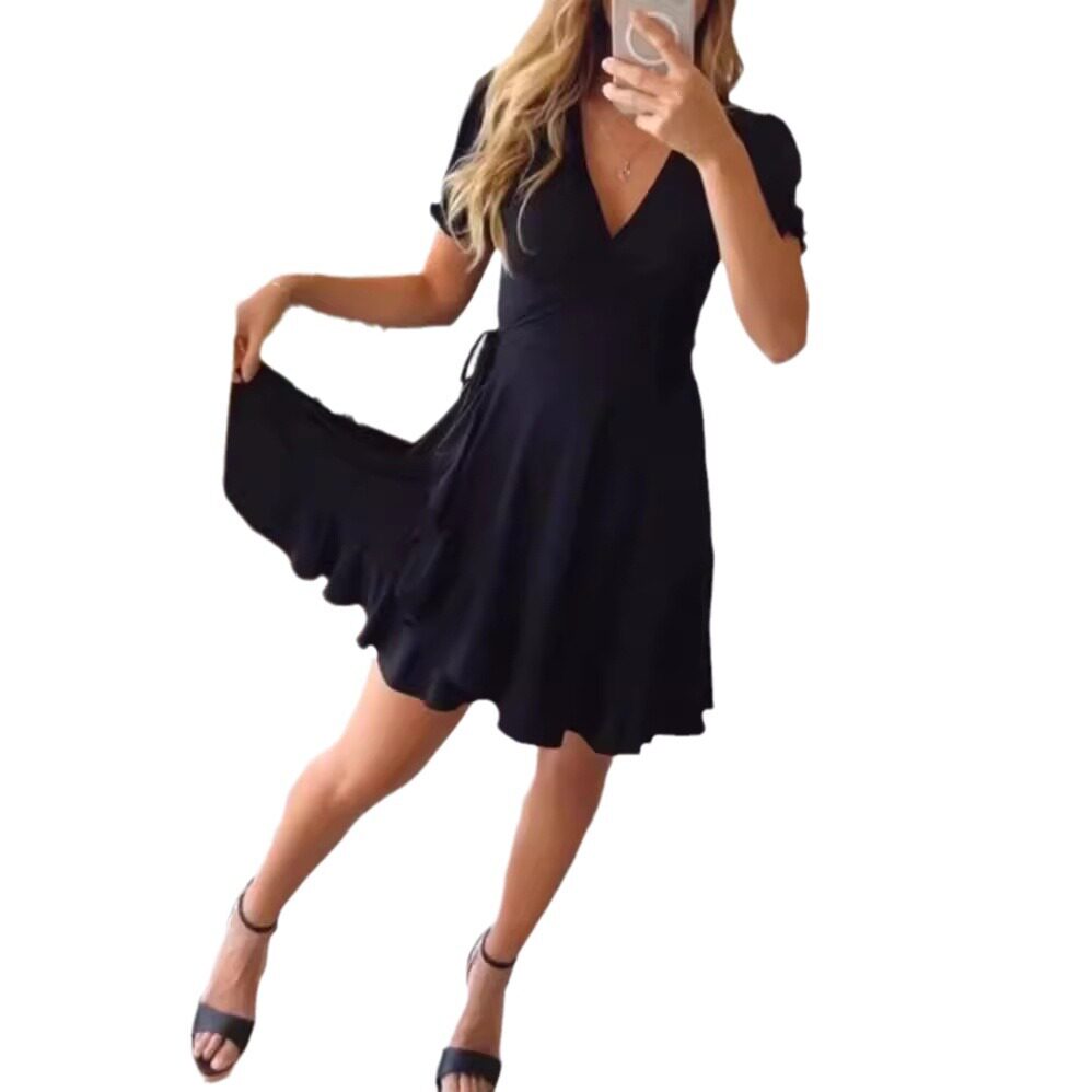 Summer Womens Dress Solid Color Short Sleeve V Neck Ruffle Hem Casual Wear for Parties or Daily Outings OEM