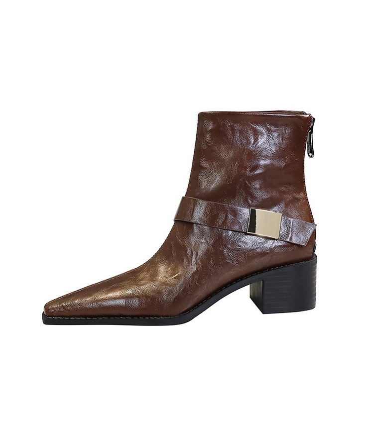 Boot nữ cổ thấp gót vừa mũi nhọn khóa kim loại phong cách Âu Mỹ — Lớp lót nhung đen, Lớp lót nhung màu nâu sẫm, Màu đen, Màu nâu đậm