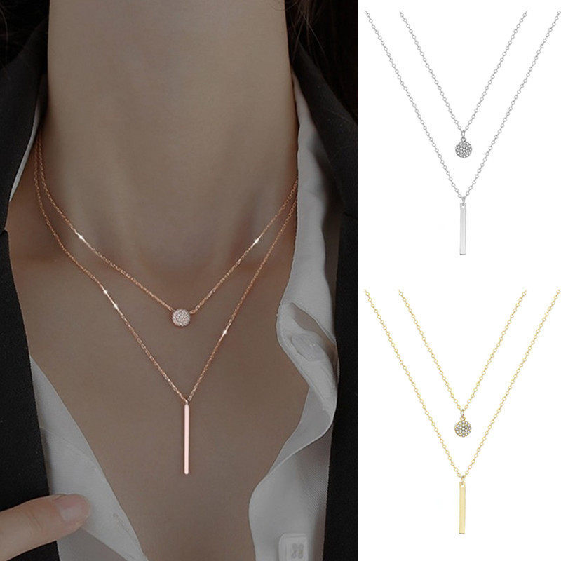 Cross-border geometric long flash diamond round double-layer necklace women's trendy simple fashion Diamond clavicle chain neck chain
