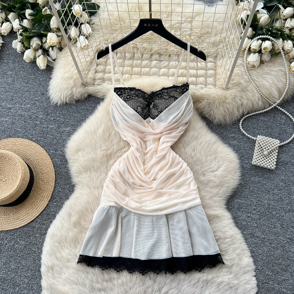 French Lace Spliced Cami Dress Slim Fit A Line Silhouette Summer Style Green Color Perfect for Casual Outings