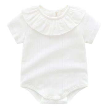 Summer Pure Cotton Baby Short-Sleeve Romper for Girls with Ruffle Collar, Breathable Jacquard Jumpsuit, Thin Newborn Crawling Suit
