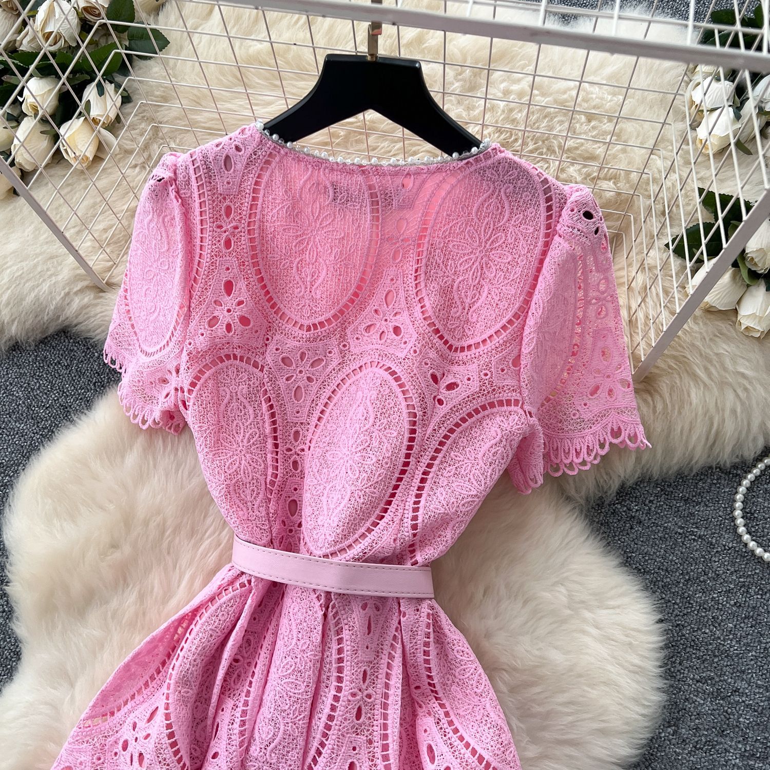 French Elegant Beaded Lace Dress Round Neck Short Sleeve Waist Tie Hollow Out Design Perfect for Parties and