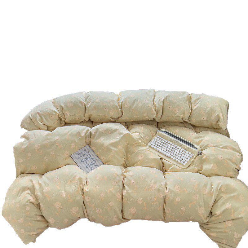 Class A maternal and infant grade small floral wash cotton four-piece double-layer yarn naked sleeping student three-piece quilt cover bedding