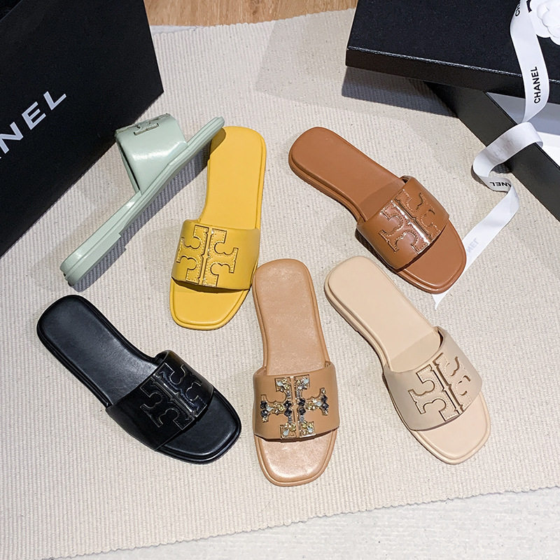 TB Leather Slippers American Women's Slippers Big Brand Slippers Fashion plus size European and American Cross-border Flat Slippers for Women