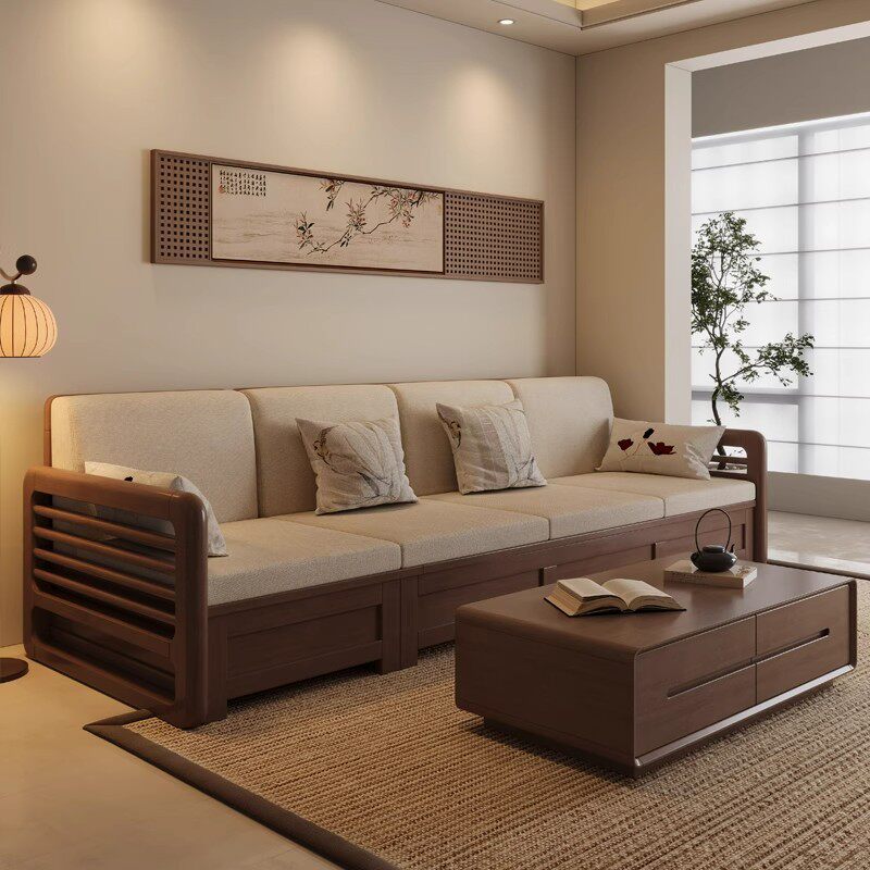 宋氏美学实木沙发四人位冬夏两用储物新中式宋代家具木头布艺沙发