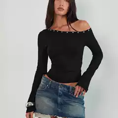 Hot Girl Rivet Hot Diamond Sexy Slanted Shoulder Long-Sleeved T-Shirt for Women Spring Ins Style Pleated Waist Slimming Look