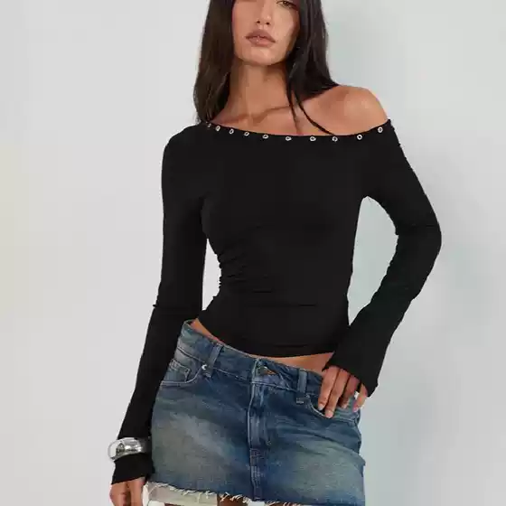 Hot Girl Rivet Hot Diamond Sexy Slanted Shoulder Long-Sleeved T-Shirt for Women Spring Ins Style Pleated Waist Slimming Look