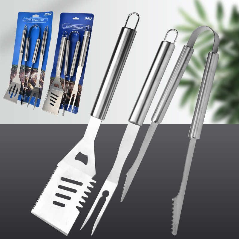 Factory direct supply stainless steel grill shovel fork clip combination three-piece BBQ camping outdoor family dinner barbecue