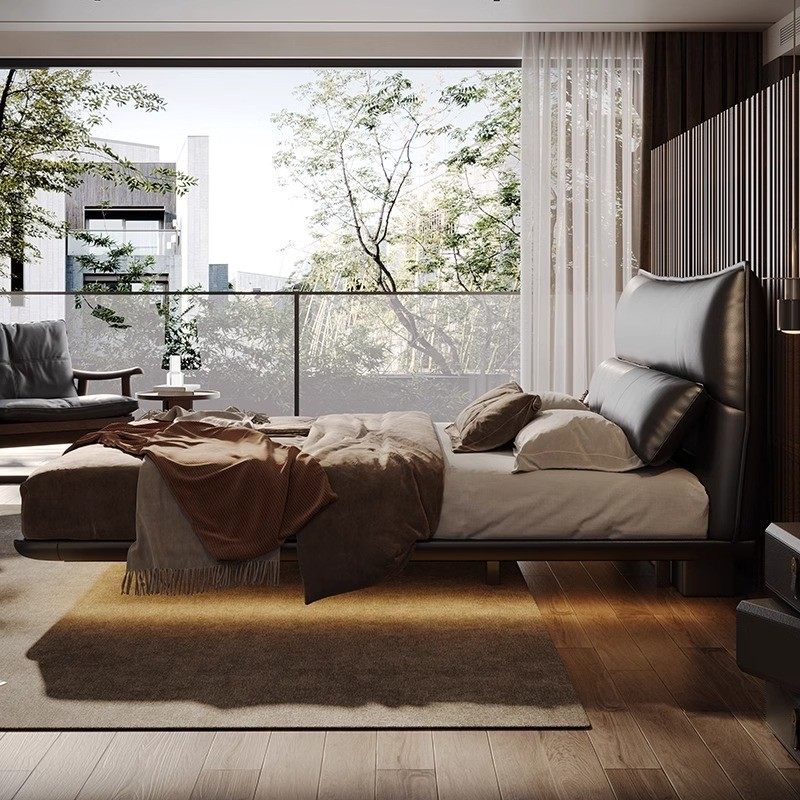 Suspended Bed Black Leather Multifunctional Storage Bed Accessible Luxury Italian Normcore Luxury Classy Large Bed 2m with Sensor Light