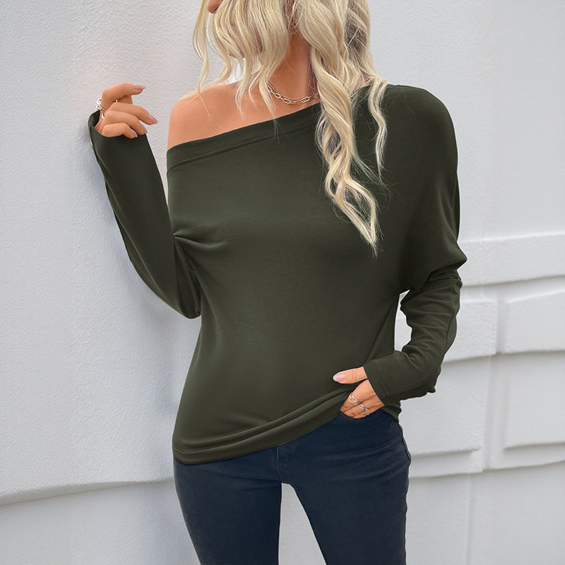 Casual Long Sleeve T Shirt Asymmetrical Neckline Solid Color Lightweight Fabric Spring Fall Wear Wholesale Available