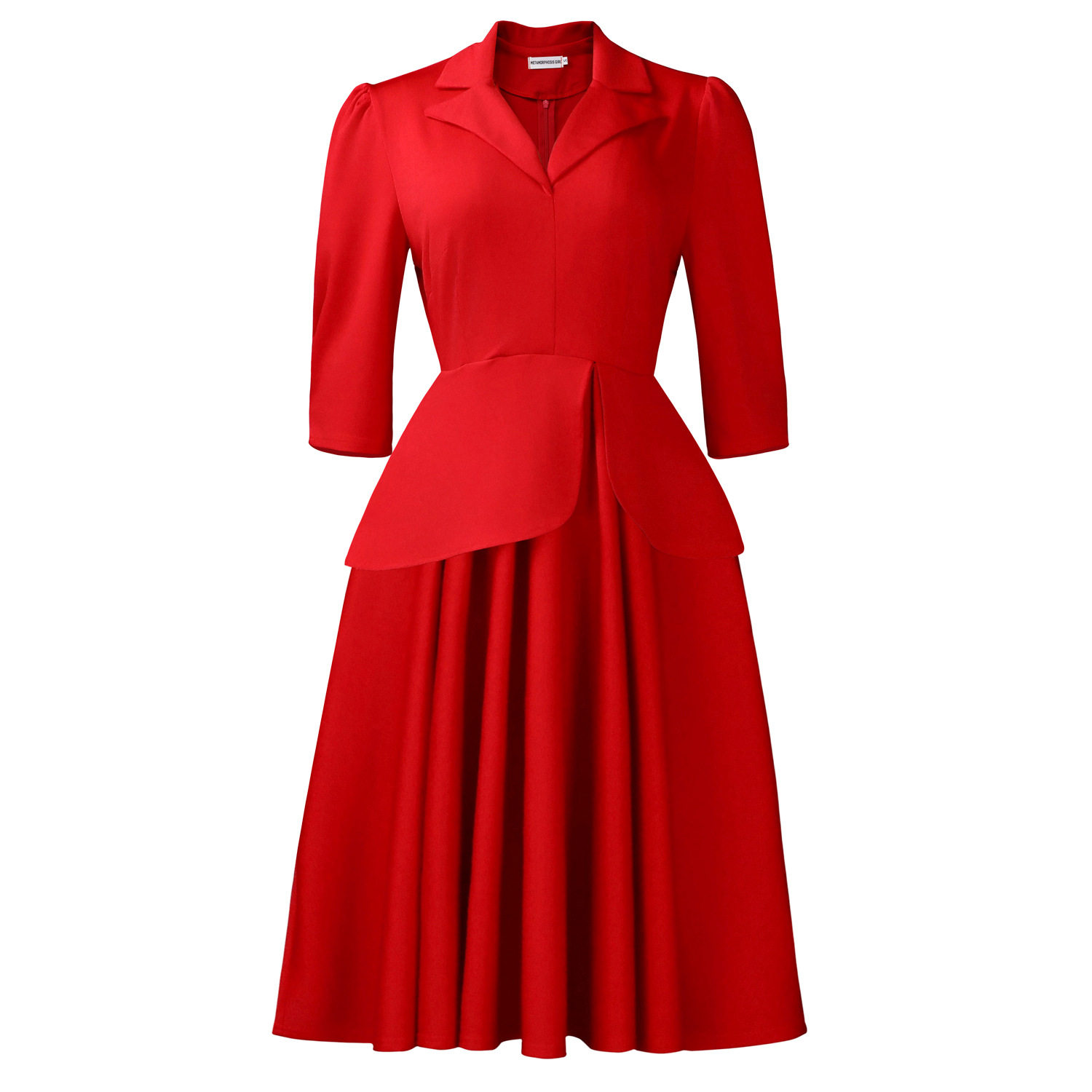 Plus Size Womens Dress Autumn Fashion Solid Color Three Quarter Sleeve Suit Collar Flared Skirt Casual or Formal