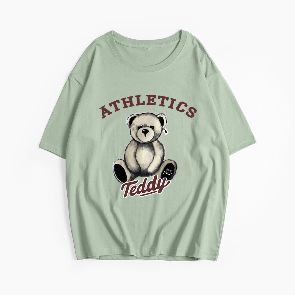Womens Summer Loose Fit T Shirt Cute Bear Print Round Neck Short Sleeve 100 Cotton Casual Wear Wholesale