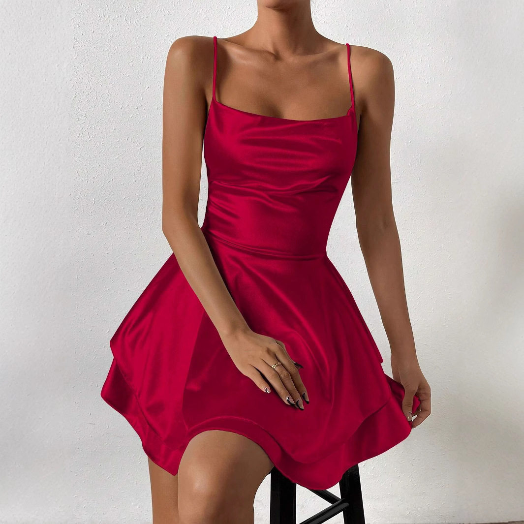 Mini Ruffle Dress Satin Fabric Backless Design Waist Cinching Summer Style Wholesale Available