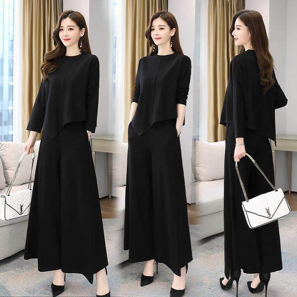 Spring and Autumn New Wide Leg Pants suit Women's Age-reducing Belly-covering Slimming Western Style Casual Elegant Culottes Two-piece Set