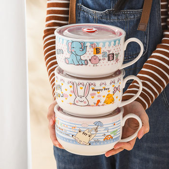 Cute Instant Noodle Bowl Ceramic with Lid and Handle Student Dormitory Easy-To-Clean Lunch Box Crisper Microwave Bowl Gift