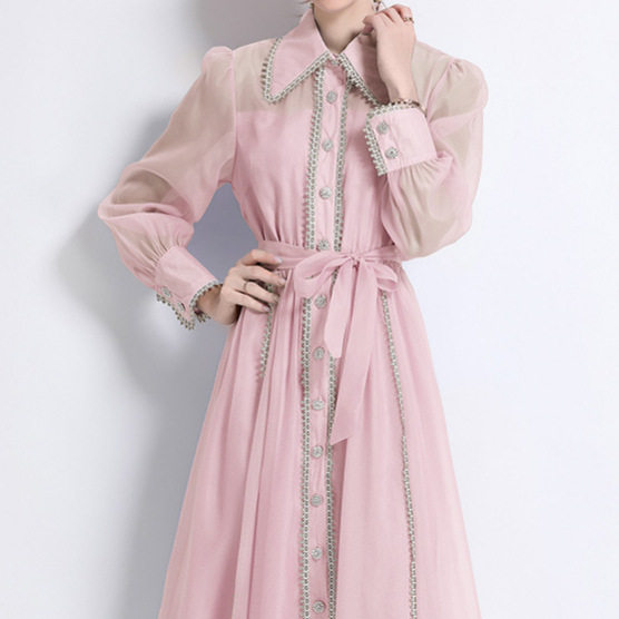 French Elegant Lace Panel Lantern Sleeve Dress Hollow Out Single Breasted Waist Defining Perfect for Formal Occasions