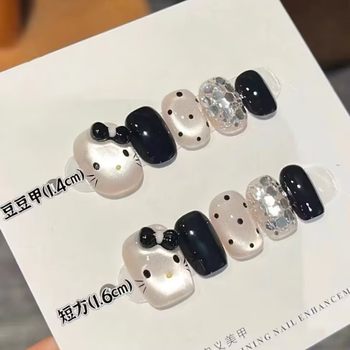 10 pieces of cute cartoon design wearing nail art white bow sweet cool nail art short black nail piece finished product
