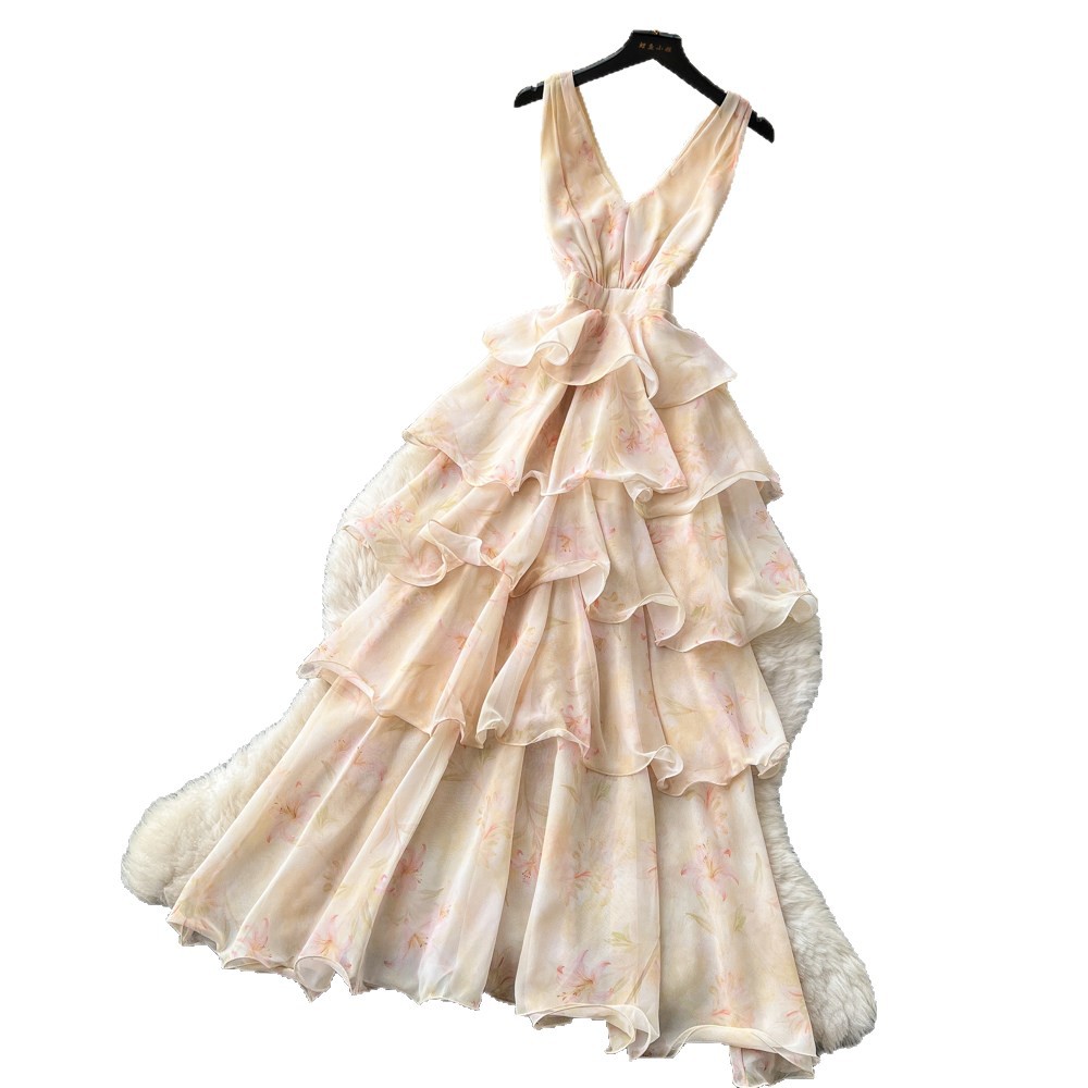 Floral Print V Neck Halter Dress Sleeveless Ruffle Hem Slim Fit Summer Casual Wear Wholesale Available