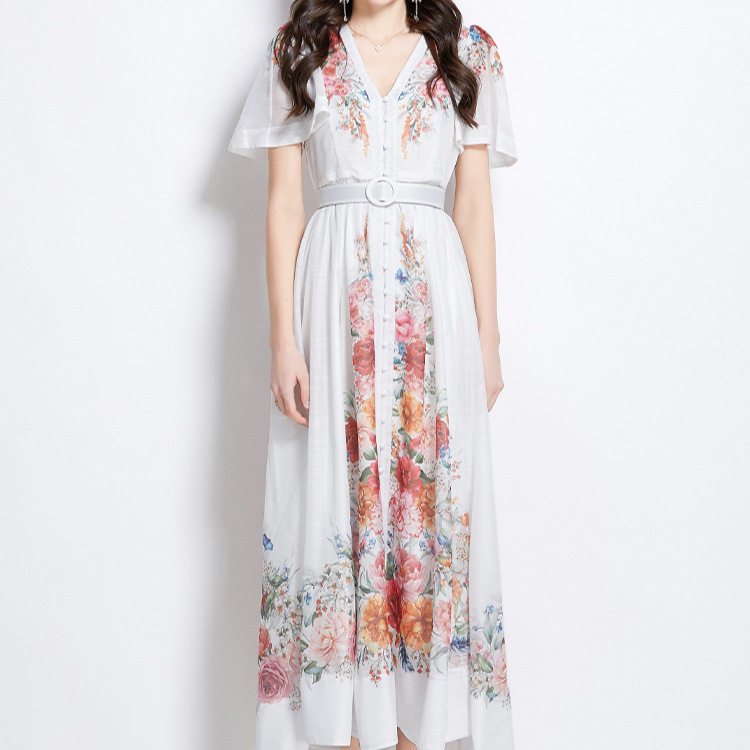 French Style Womens Dress Elegant Deep V Neck Single Breasted Flutter Sleeves Waist Cinching Floral Print