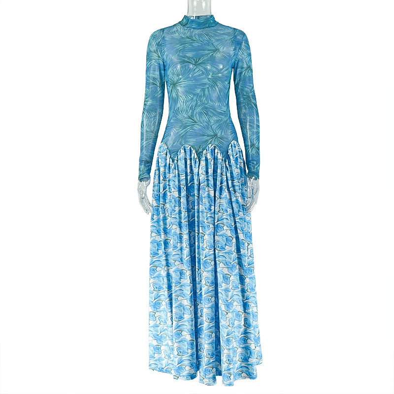 Casual A Line Dress High Neck Elastic Long Sleeves Sheer Patchwork Trendy Street Style for Women Wholesale Available