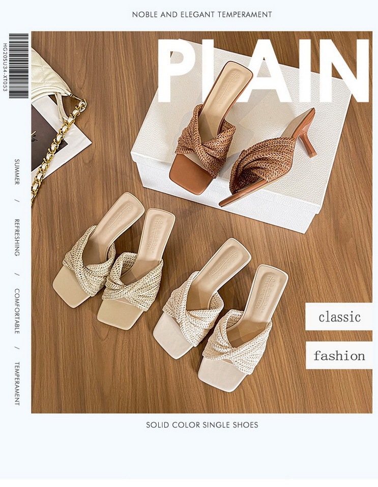 Sandal cao gót nữ mũi vuông quai mảnh đan chéo phong cách thanh lịch — Màu trắng nhạt, nâu sẫm, quần kaki