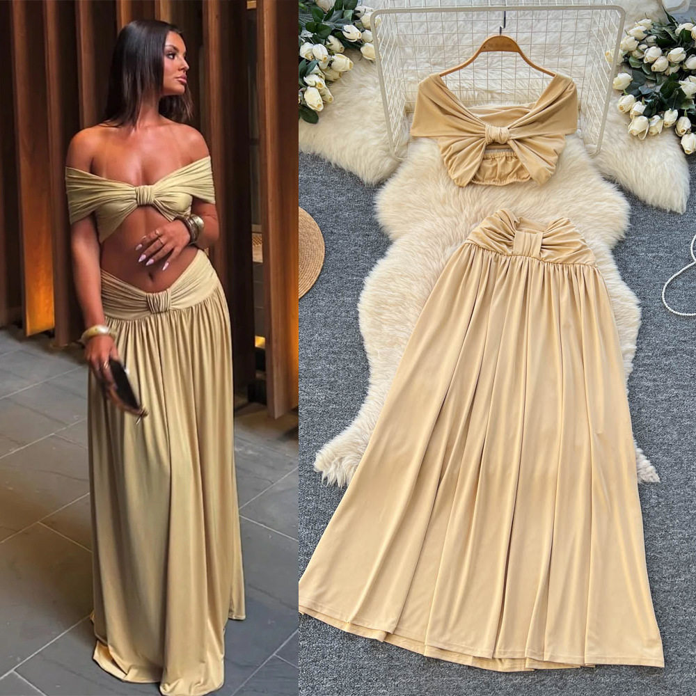 French Style Off Shoulder Crop Top and Ruched Maxi Skirt Set Spring Collection Sexy Vacation Ready Wholesale Available