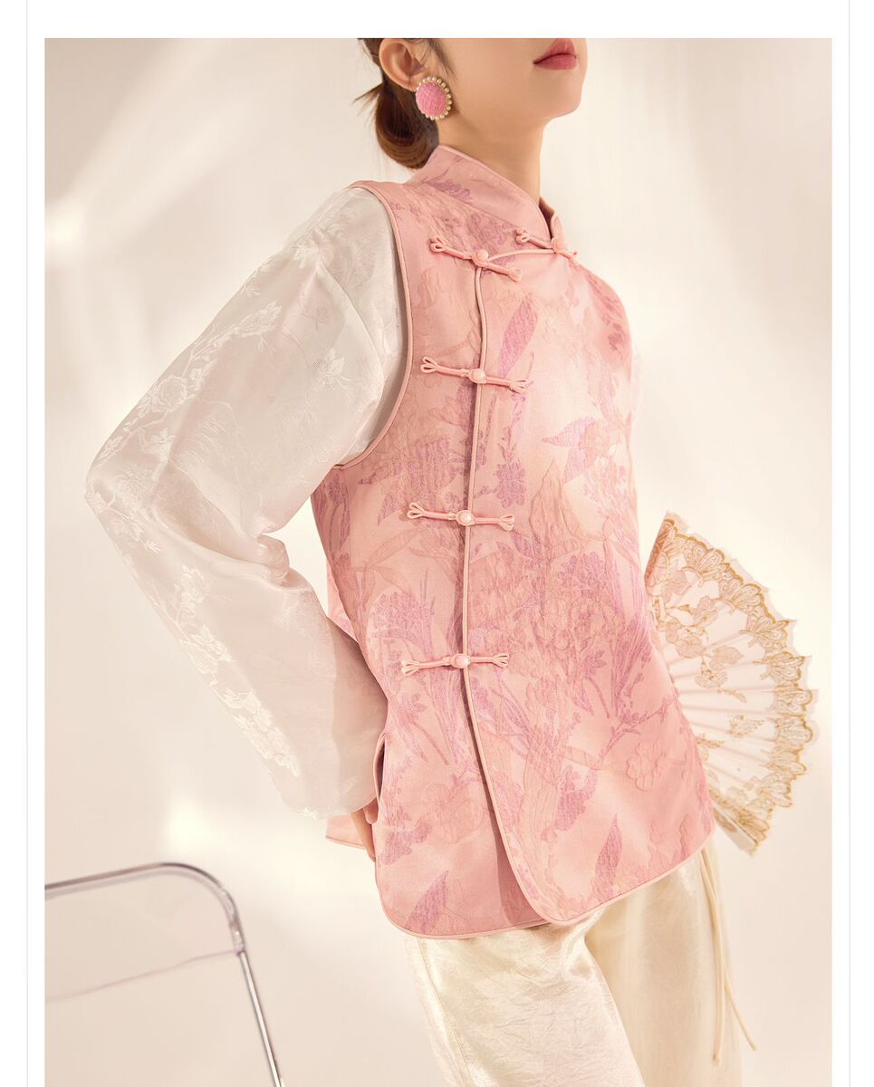 Áo vest nữ cổ đứng thêu họa tiết hoa cúc phong cách cổ điển — Màu hồng, Màu xám