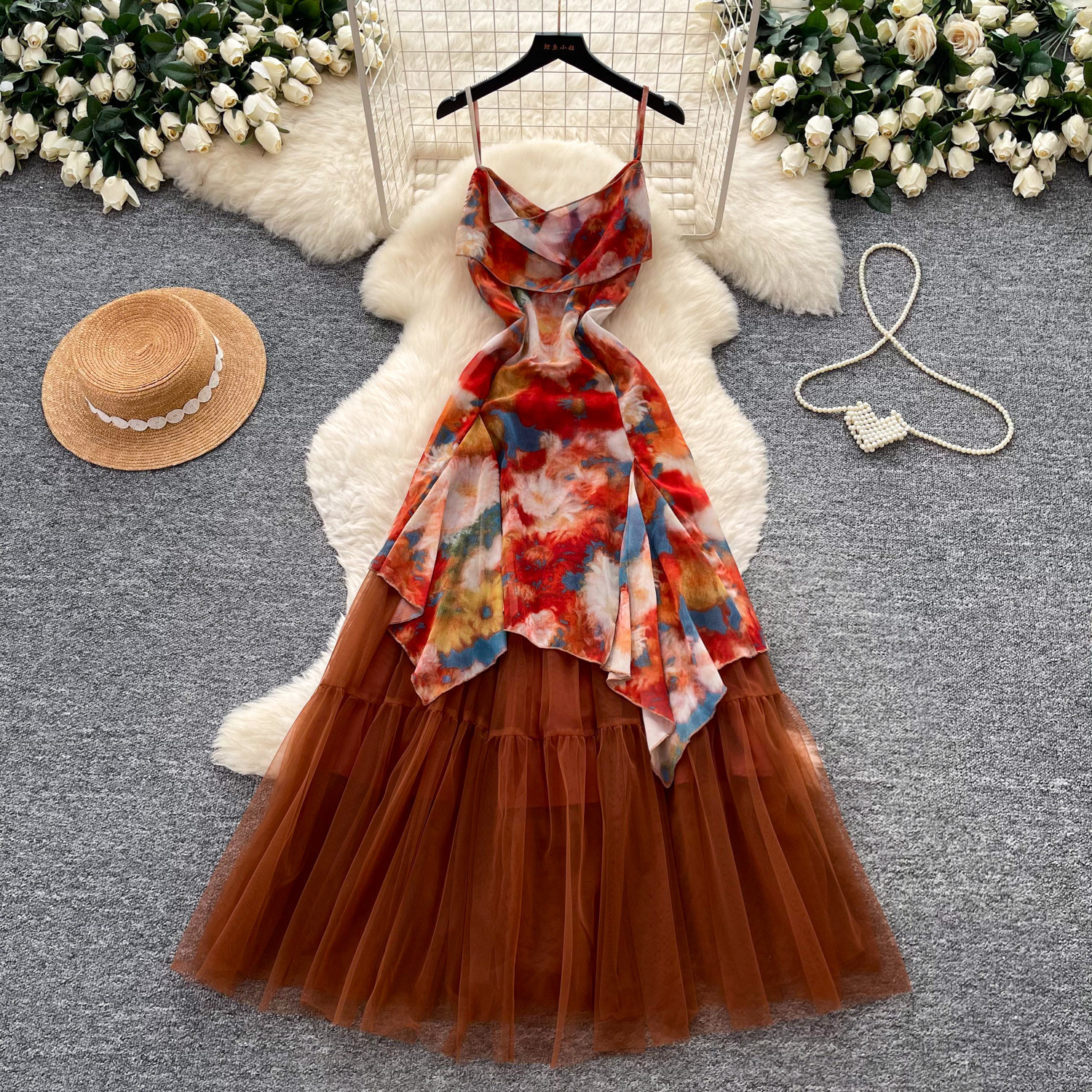 Summer Floral Print Chiffon Maxi Dress High Waist A Line Sleeveless Elegant Style Perfect for Vacation and Casual