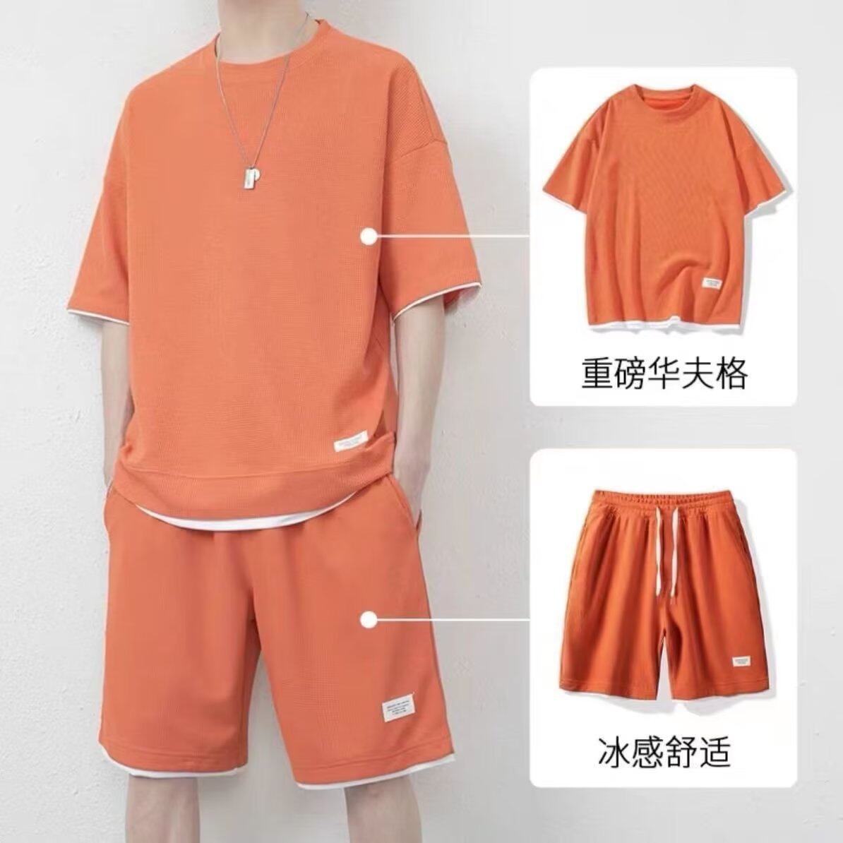 华夫格夏季圆领T恤短裤两件套男士套装舒适薄款假两件短袖套装男