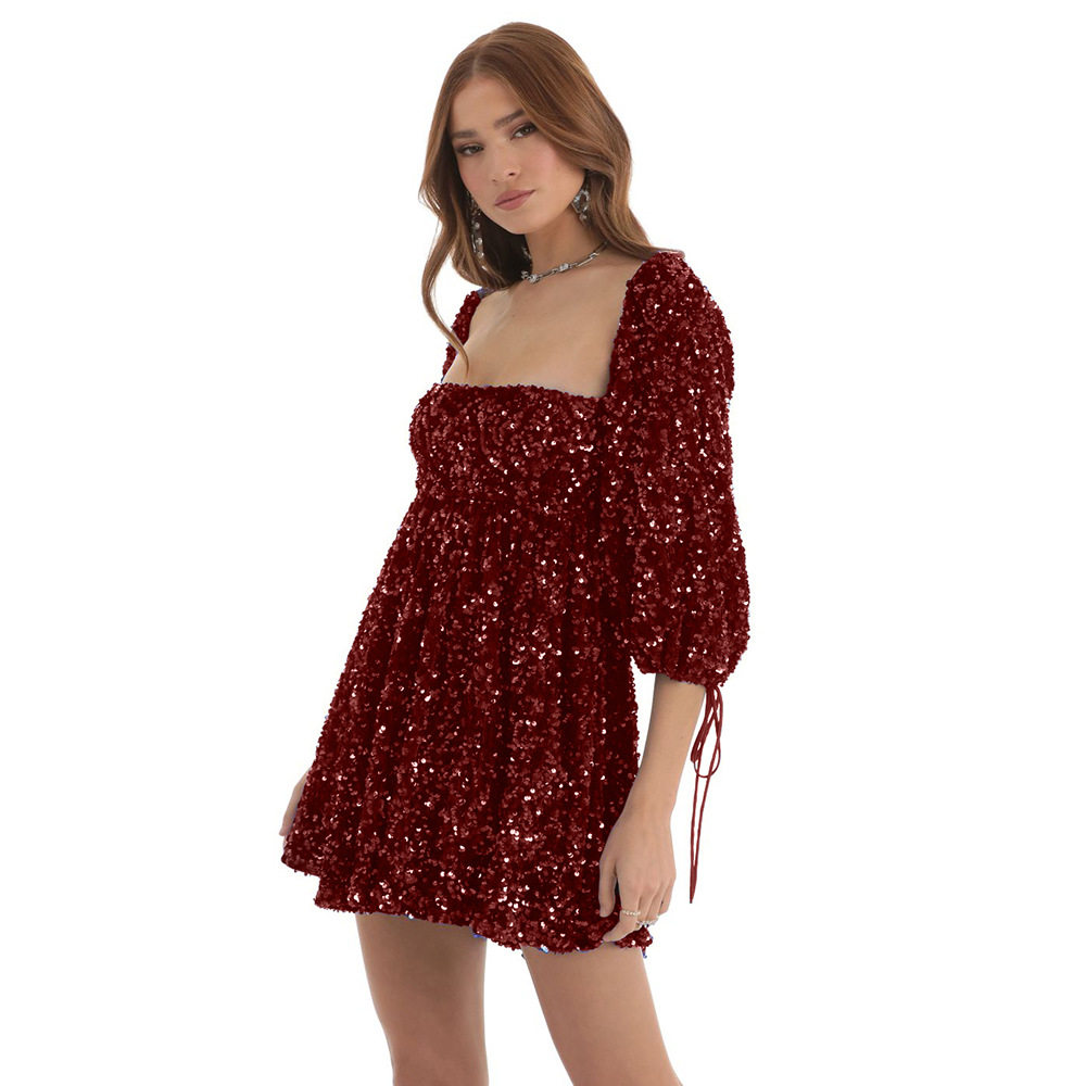 Plus Size Loose Sequin Mini Skirt Dress Short Sleeve Square Neck Solid Color Flared Hem Summer Casual Wear