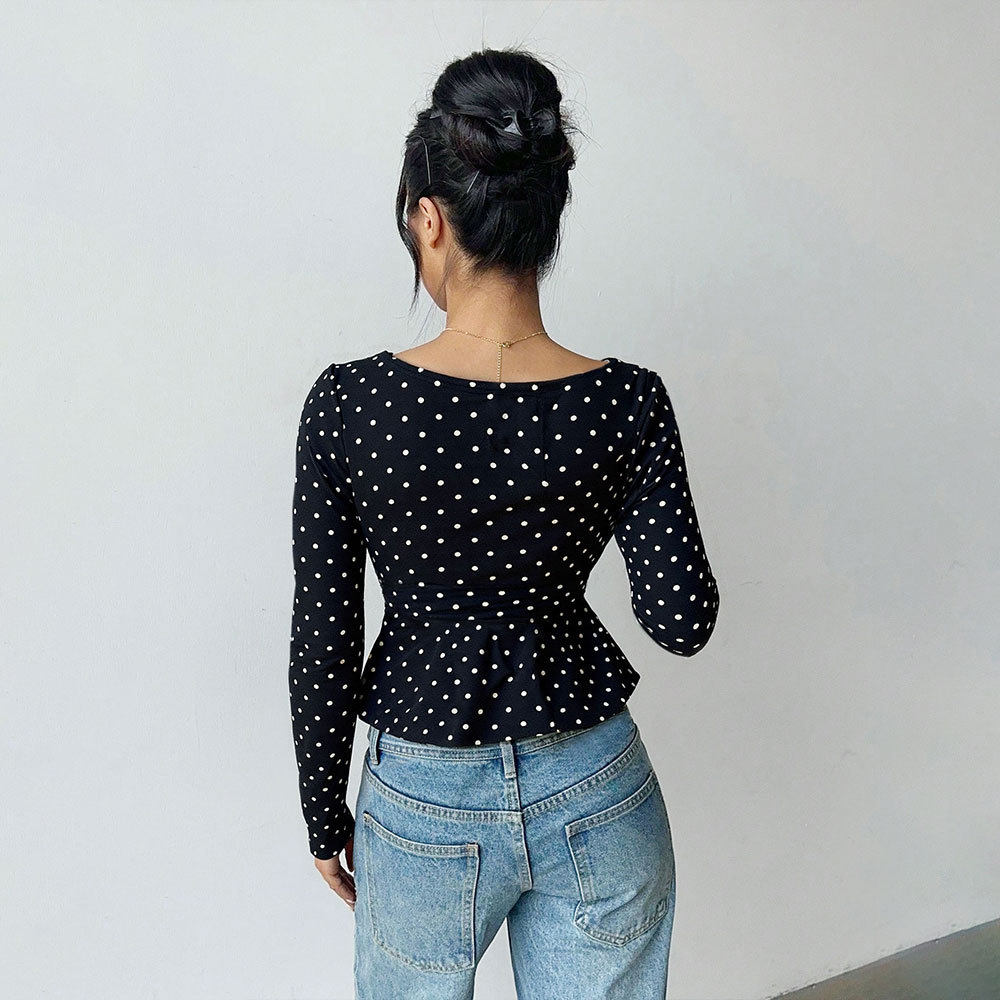 Polka Dot V Neck Long Sleeve T Shirt for Women Slim Fit Waist Cinching Lightweight Casual Wear or Layering