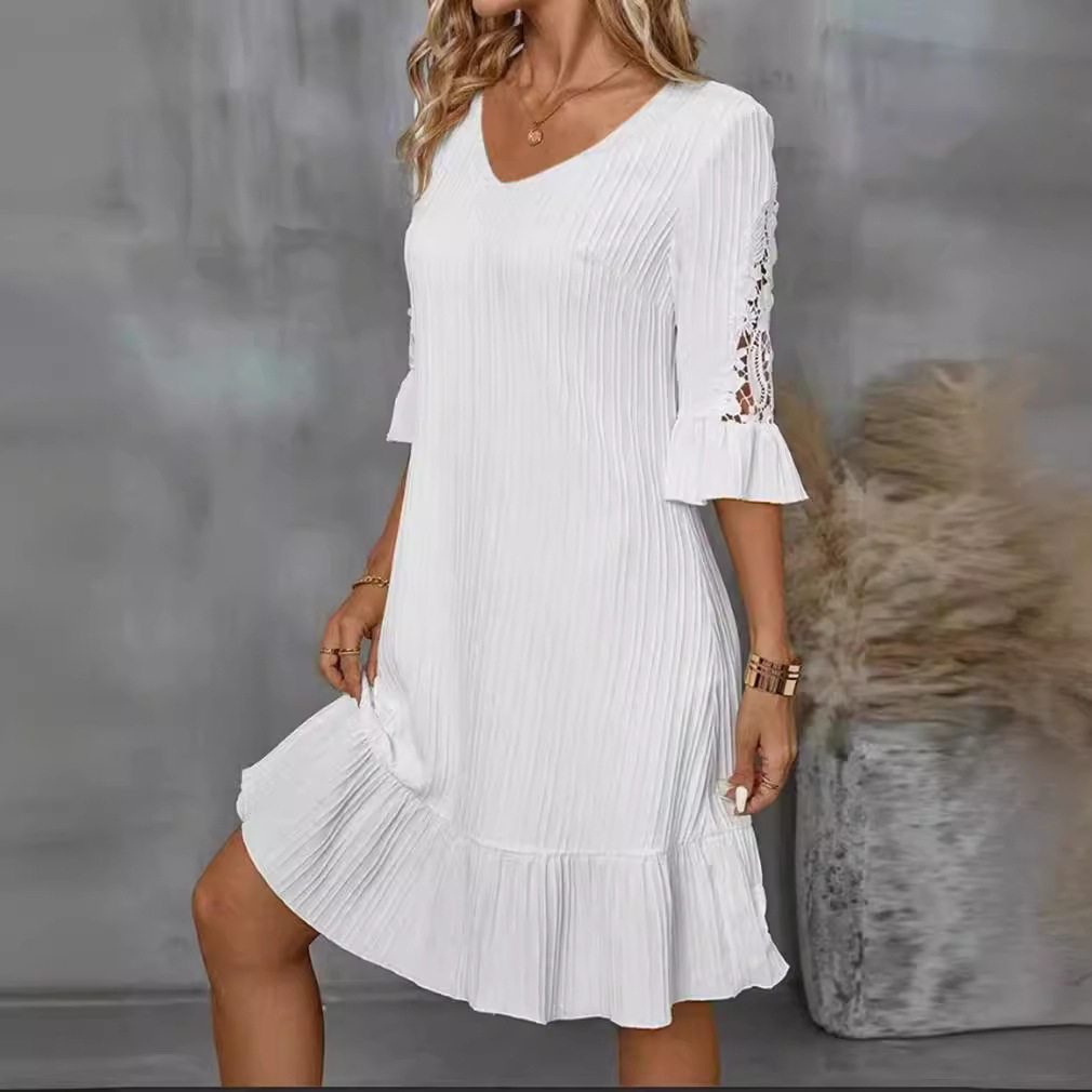 Summer V Neck Lace Midi Dress Solid Color Bell Sleeves Elegant Design Perfect for Casual or Formal Occasions