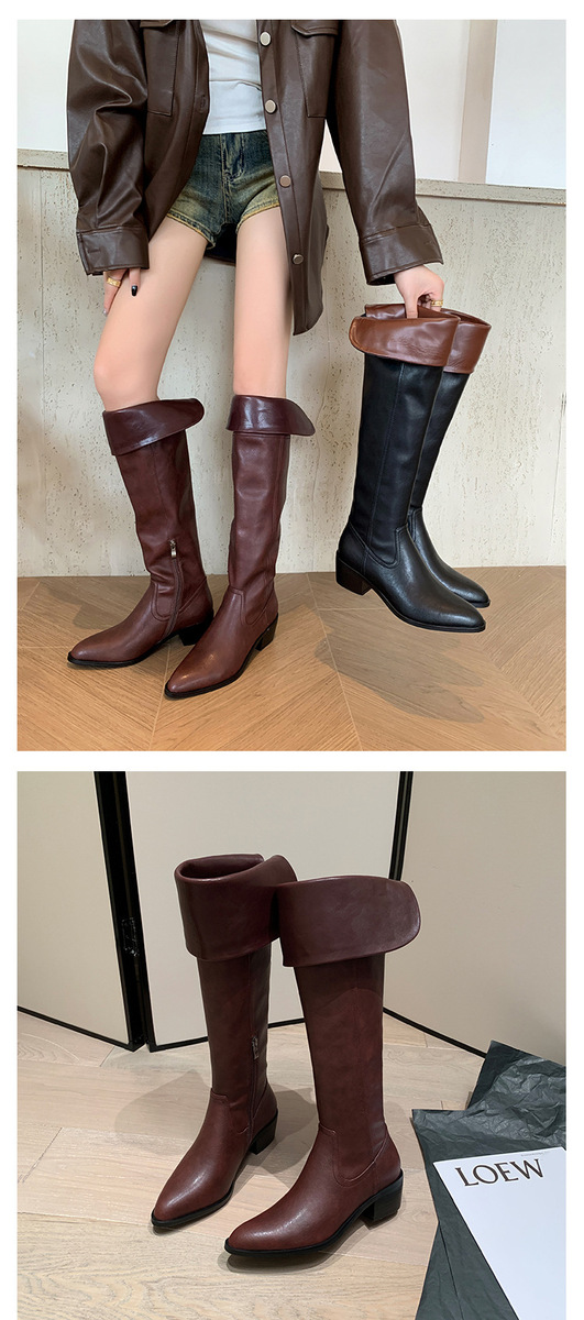 Boot nữ cổ cao quá gối da bò gót thô 5cm mũi nhọn phong cách tối giản — Lớp lót đơn màu đen, Lớp lót đơn màu đỏ neo, Lớp lót nhung đen, Mỏ neo nhung đỏ