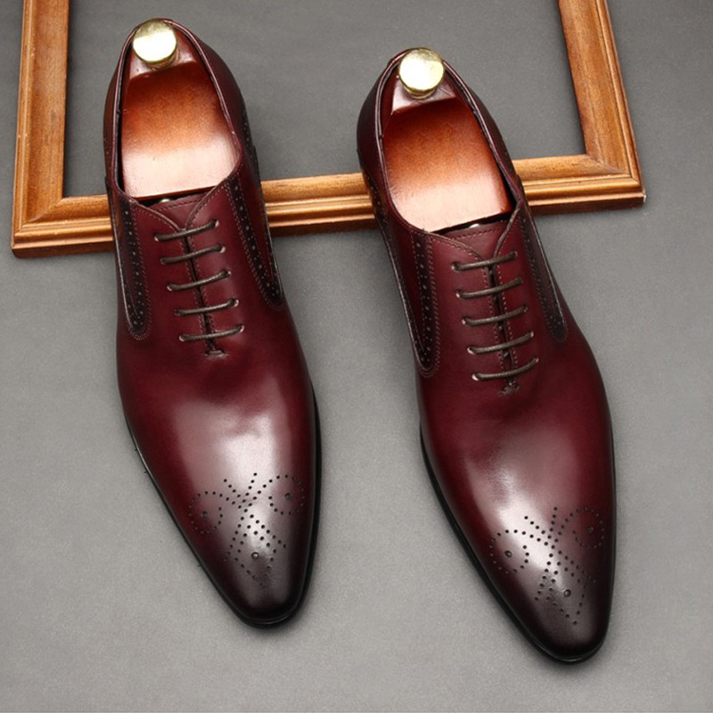 Giày Oxford nam da bò mũi nhọn chạm lỗ brogue phong cách công sở — Đỏ rượu, Nâu vàng, Màu cà phê, cà phê đỏ