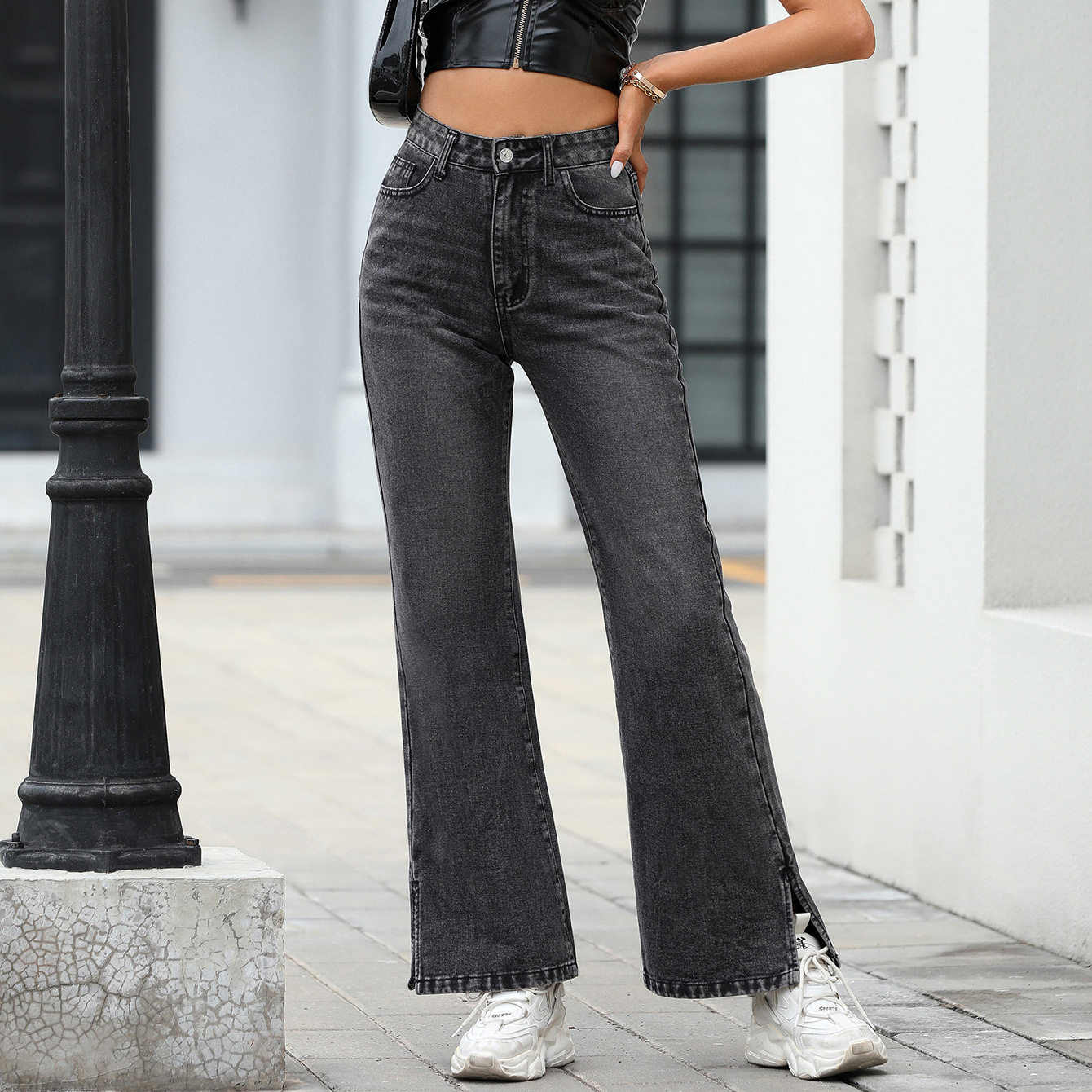 High Waisted Loose Fit Denim Trousers Slimming Design Trendy Style Comfortable Fabric Casual Wear for Women Ready