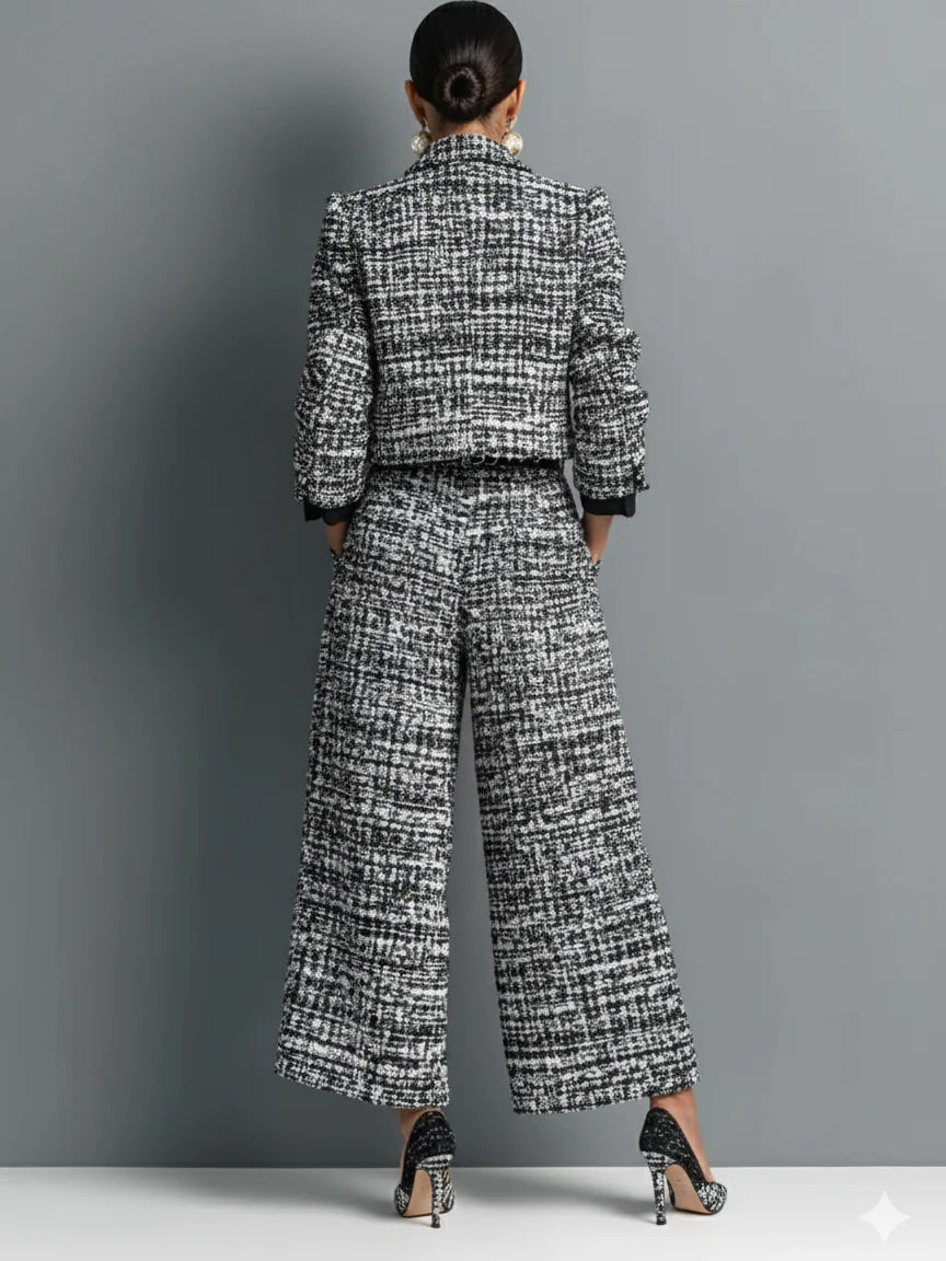 2025 Cross-Border European and American New Style Lapel Slim Women's European and American Style Long-Sleeved Short Jacket with Wide-Leg Pants Suit