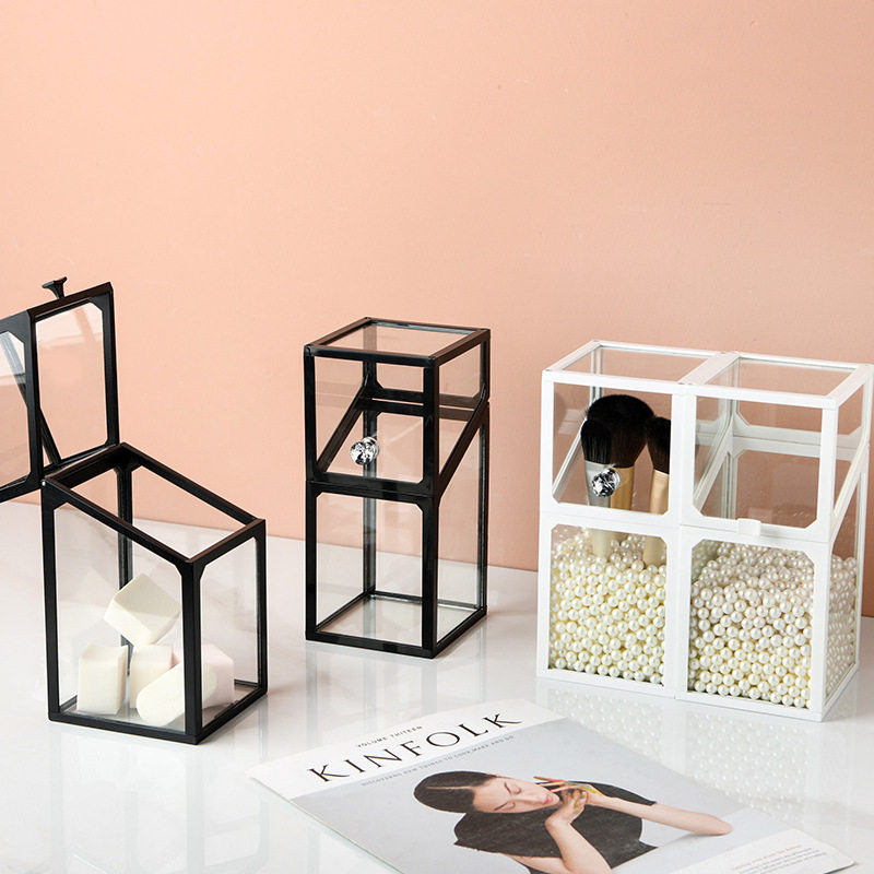 Customized Plastic Edge Glass Dressing Table Transparent Flip-Top Dust-Proof Desktop Organizer Lipstick Eyebrow Pencil Makeup Brush Storage