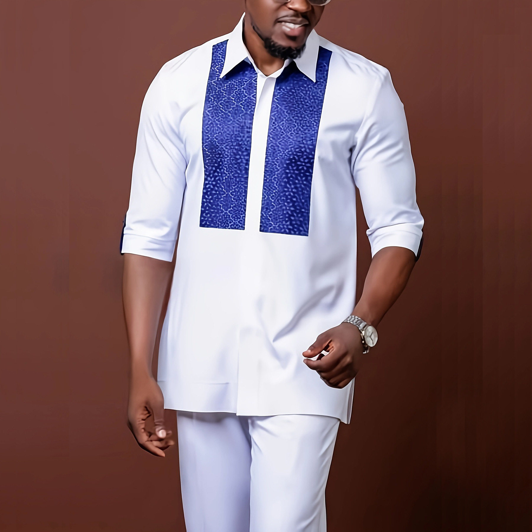 传统外贸非洲风格男士结婚新西装2件套圆领长袖上衣加裤子外贸